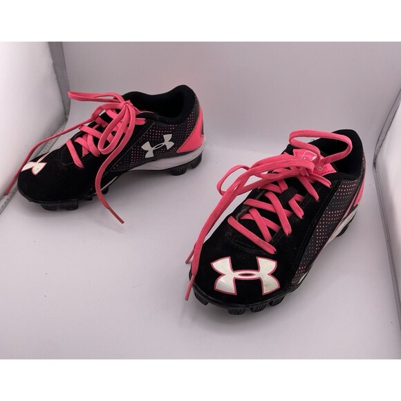 Under Armor Cleats Kids Size 12K Black Pink Lead Off Baseball Shoes - Picture 2 of 7